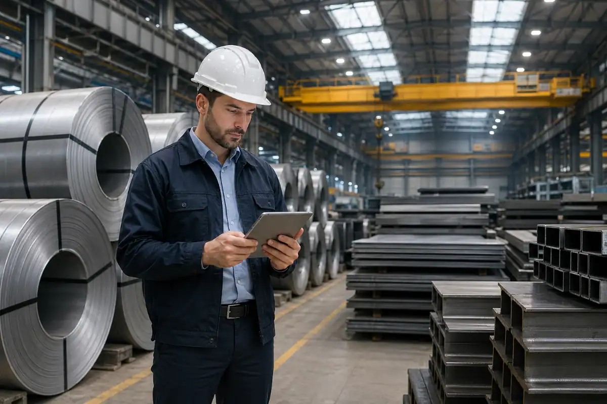 Andamento acciaio in magazzino industriale con buyer che analizza trend materie prime e prezzi