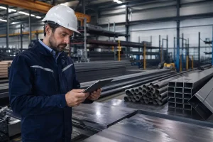 Calcolo peso acciaio con tecnico che misura tubi lamiere e profilati in magazzino siderurgico