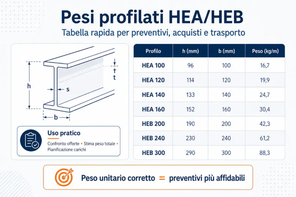 Pesi profilati HEA HEB con tabella peso acciaio per preventivi acquisti e trasporto