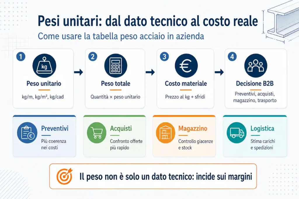 Pesi unitari acciaio dal dato tecnico al costo reale per preventivi acquisti magazzino e logistica