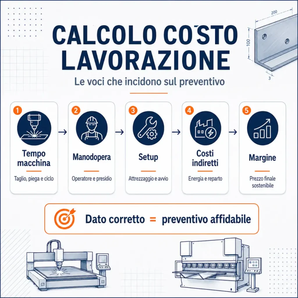 Calcolo costo lavorazione con tempo macchina manodopera setup costi indiretti e margine