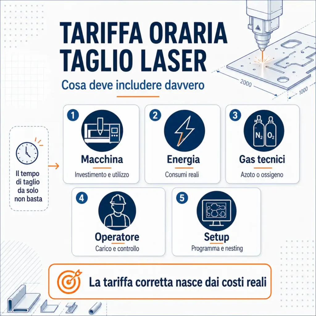Tariffa oraria taglio laser con macchina energia gas tecnici operatore e setup